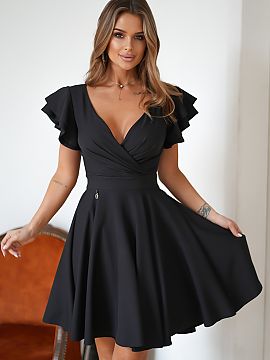 Rochie elegantă Bicotone  Model feminin, ușor evazat, finisat cu volane frumoase pe mâneci. Rochia se închide cu un fermoar acoperit și are căptușeală. Creați