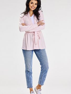 Cardigan awama  Un pulover drăguț și larg, cu guler șal, perfect pentru serile de primăvară și de vară. Este tăiat drept și vine cu o curea din ac
