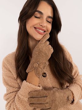 Mănuşi AT  Mănuși elegante pentru femei din țesătură netedă izolată. Buton decorativ și fantă la încheieturi. Deget arătător cu floare brod