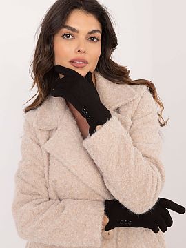 Mănuşi AT  Mănuși elegante de damă dintr-un material neted și izolat termic. Butoni decorativi la încheieturi. Degetul arătător cu o floare brod