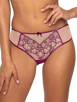 Tanga Mat  Tanga pentru femei Maureen S-3808/4 bej și violet se potrivește perfect siluetei și subliniază în mod impresionant fesele. Partea din f