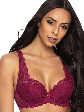 Sutien întărit Mat  Sutienul spectaculos Carmela. Arată minunat pe orice bust. Realizat integral din dantelă fină în culoarea burgund, care se așază sexy 