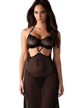 Lenjerie sexy completă Obsessive  Permite-ți un moment de lux în această cămașă de noapte uimitoare. Sutienul cu balene din dantelă și un model interesant va sublinia