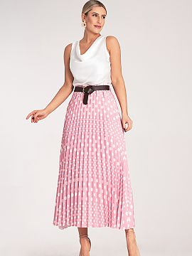 Fustă Figl  Fusta midi plisată, decorată cu un model de buline albe. Model cu talie înaltă, cute subtile și o curea elegantă cu cataramă, accentu