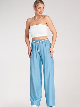 Pantaloni de damă Figl  Pantaloni boho cu talie elastica si curea decorativa impletita intr-o nuanta naturala. Confectionati dintr-un material usor si respirabil. T