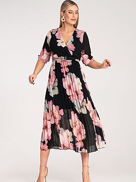 Rochie de zi Figl  Rochie midi cu un elegant imprimeu floral și pliseu. Model cu decolteu în formă de plic, talie elastică și curea pentru sublinierea tal