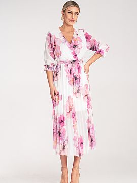 Rochie de zi Figl  Rochie midi cu un imprimeu floral de efect și pliuri. Model cu decolteu în formă de plic, talie elastică și curea care subliniază tali