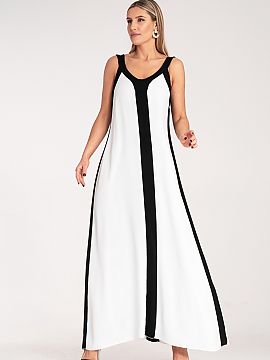 Rochie de zi Figl  Rochie maxi cu bretele într-un model contrastant alb-negru care subțiază optic silueta. Croi lejer. Siluetă clasică cu decolteu în for