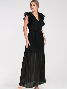 Rochie lungă Figl  Rochie maxi cu volane pe umeri. Partea de jos a rochiei este plisată și evazată. Decolteu tip plic. Rochie cu căptușeală.