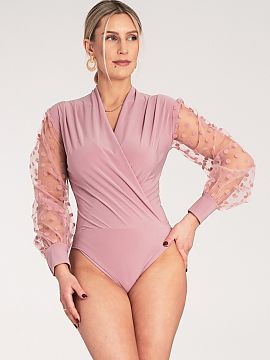 Corset Figl  Rochie cu decolteu adânc în formă de plic și mâneci din tulle cu buline.