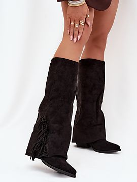 Cizme cu toc Step in style  Cizme cowboy cu franjuri din piele ecologica, cu toc inalt, sunt o combinatie intre confort si stil. Varfurile ascutite adauga eleganta, iar