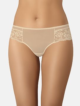 Figi braziliene Teyli  Brazilian briefs Rock in beige lace are made of high-quality, delicate mesh, combined with elegant lace with a floral motif. Brazilian brief