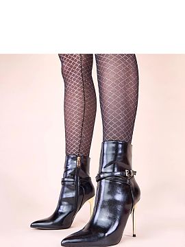 Cizme cu toc Solea  Descoperiți eleganța de neegalat cu botinele noastre negre cu toc aurit lucios Carmila. Aceste botine deosebite cu toc sunt alegerea perfe