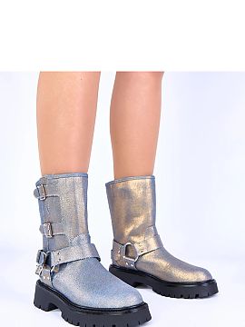 Botine Solea  Botinele albastre decorate cu catarama stralucitoare de aur Cara sunt o propunere pentru femeile care apreciaza combinatia de eleganta si st