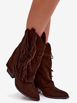Botine cu toc Step in style  Botine cowboy din piele ecologică sunt un model stilat inspirat de atmosfera western. Franjurile caracteristice le conferă ușurință și