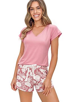 Pijama Donna  Elegantă și confortabilă, pijama de damă este ideală pentru nopțile calde și relaxarea acasă. Bluza cu mâneci scurte și decolteu �