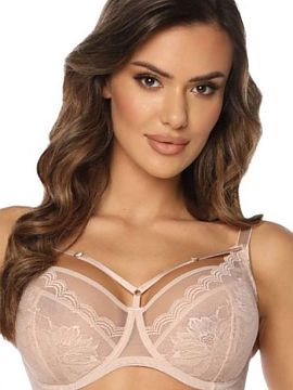 Soft Kinga  Sutienul Alice SC-931 din dantelă moale în culoarea bej este un model delicat realizat din dantelă și plasă elastică. Cupele sunt deco