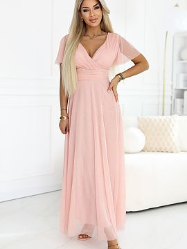 rochie lungă Numoco  Această rochie maxi de culoare piersică cu un luciu delicat oferă un efect wow încă de la prima vedere - subțiază silueta, accentueaz