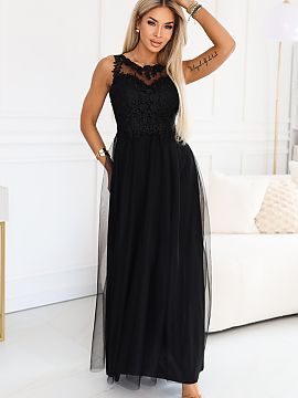 rochie lungă Numoco  Imaginați-vă intrarea în sală, când lumina evidențiază culoarea neagră, iar partea din tulle se mișcă la fiecare pas. Această roc
