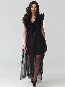 Rochie de seară Makadamia  Rochia neagră de tull spectaculoasă este o propunere ideală pentru femeile care doresc să îmbine eleganța cu expresia modei. Modelul s