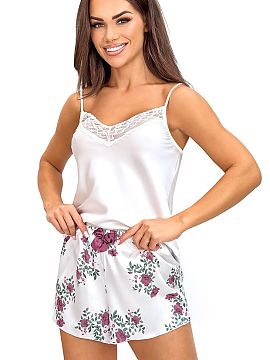 Pijama Donna  Pijama din satin Julia 1/2 pentru femei în culoarea ecru cu detalii din dantelă este un set elegant și subtil, care combină strălucirea