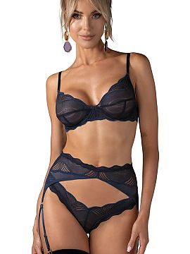 Lenjerie sexy completă Obsessive  Setul Nightly Blue cu trei piese combină eleganța clasică cu caracterul modern. În set se regăsesc un sutien, chiloți mini și un port
