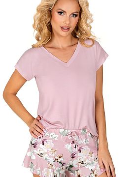 Pijama Donna  Pijama Nicola 1/2 este compusă dintr-o cămașă uniform colorată și pantaloni cu model. Cămașa este dintr-un material ușor lucios de 