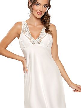 Cămaşă de noapte Donna  Tricou de noapte din satin de mătase, decolteu decorat cu dantelă. Bretele subțiri și reglabile. Lungime până la jumătatea coapsei.