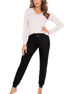 Pijama Donna  Pijama de damă Alison este o combinație elegantă între clasicul negru și un model subtil în buline delicate. Acest model atemporal în