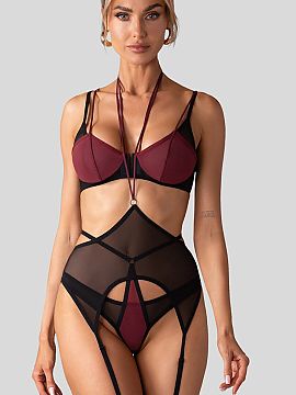 Lenjerie sexy completă Obsessive  Setul Parisel cu 3 piese este o propunere spectaculoasă care combină mesh-ul transparent, bordoul profund, negrul și detalii geometrice. 