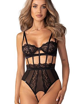 Corset Obsessive  Corpul Hersis de la Obsessive este un model elegant care combină panouri transparente, curele elastice și dantelă cu un model de animal s