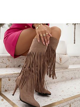 Cizme cu toc Solea  Bocancii până la genunchi din piele ecologică de catifea sunt un model elegant pentru femeile care apreciază accentele puternice. Vârfu