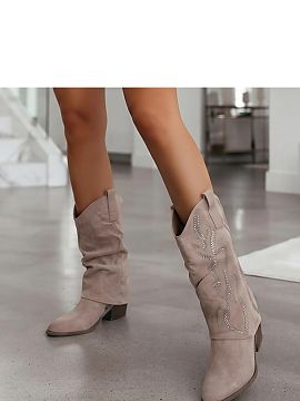 Botine cu toc Solea  Botinele pentru femei în stil cowboy, fabricate din piele ecologică de catifea, încântă cu o formă modernă și cu decoruri strălucit