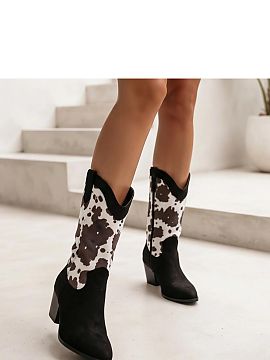 Botine cu toc Solea  Bocanci de damă în stil cowboy fascinează cu un design modern al petelor de piele de vacă și cu aspectul lor original. Realizate din pi