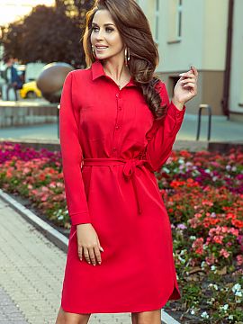 Rochie de zi Numoco  Rochie cămașă Camille cu buzunare și legătură, de culoare roșie. Produs polonez. Marca numoco.