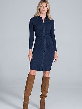 Rochie de zi Figl  Rochie midi cu guler din tricot cu nervuri fluide, mâneci lungi, plisată în față și cu nasturi.
