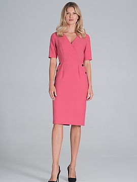 Rochie de zi Figl  Rochie creion midi cu decolteu plic, croită în talie cu dantele și nasturi decorativi care imită buzunarele. Mâneci scurte, fermoar la 