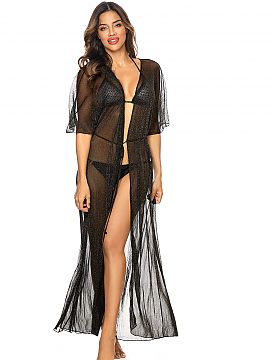 Tunica de plaja Etna  Haină de plajă neagră elegantă, lungă, din material aerisit și transparent. Îmbrăcăminte de plajă aerisită pentru femei care vă 