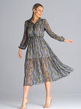 Rochie de zi Figl  Rochie evazată, de lungime midi, căptușită. Rochie cu mâneci lungi încrețite cu elastic, decolteu cu guler. Rochia este încheiată c