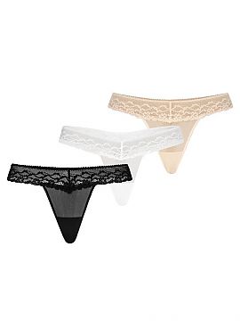 Completă Teyli  Un pachet triplu de tanga sexy pentru femei din dantelă și plasă. Tanga din multipack este disponibil în trei culori de bază, bej, alb 