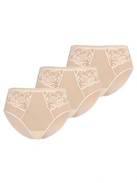 Completă Teyli  Un pachet de trei chiloți pentru femei cu talie înaltă, de culoare bej. Culoarea naturală a chiloților poate fi purtată liber sub roch