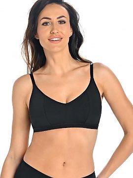 Soft Teyli  Un sutien bralette din bumbac cu fire elastice din Lycra, de culoare neagră. Sub bust, sutienul este căptușit cu o bandă elastică mai l